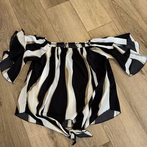 SHEIN Striped Tie‎ Front Flutter Sleeve Blouse Shirt Off Shoulder XL Preowned